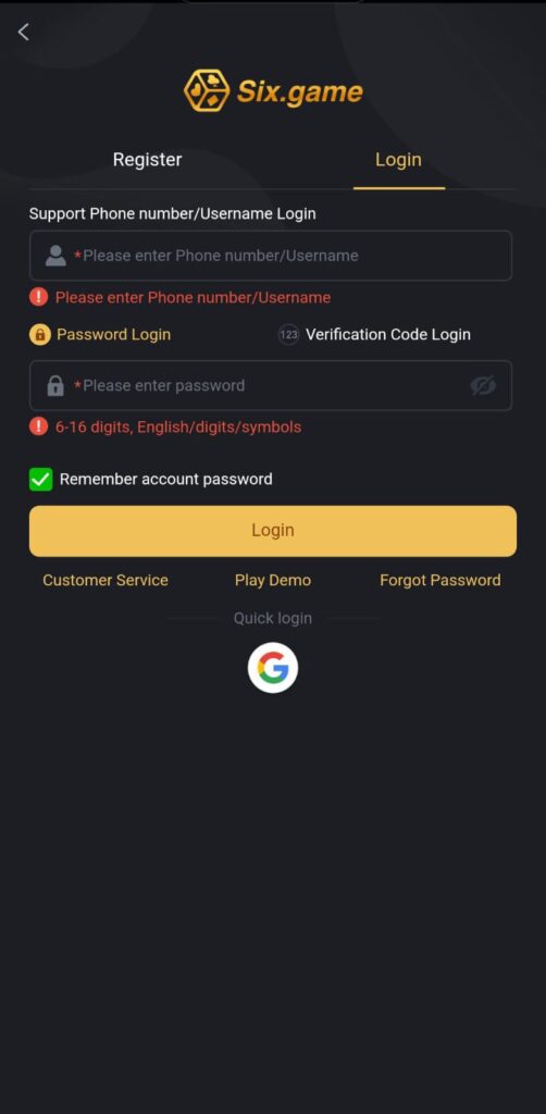 Six Game Login